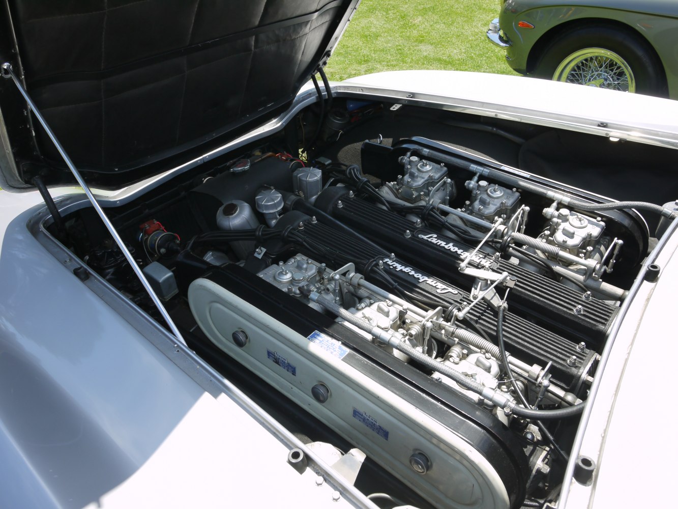 Classic V12 engine with open hood and detailed components.