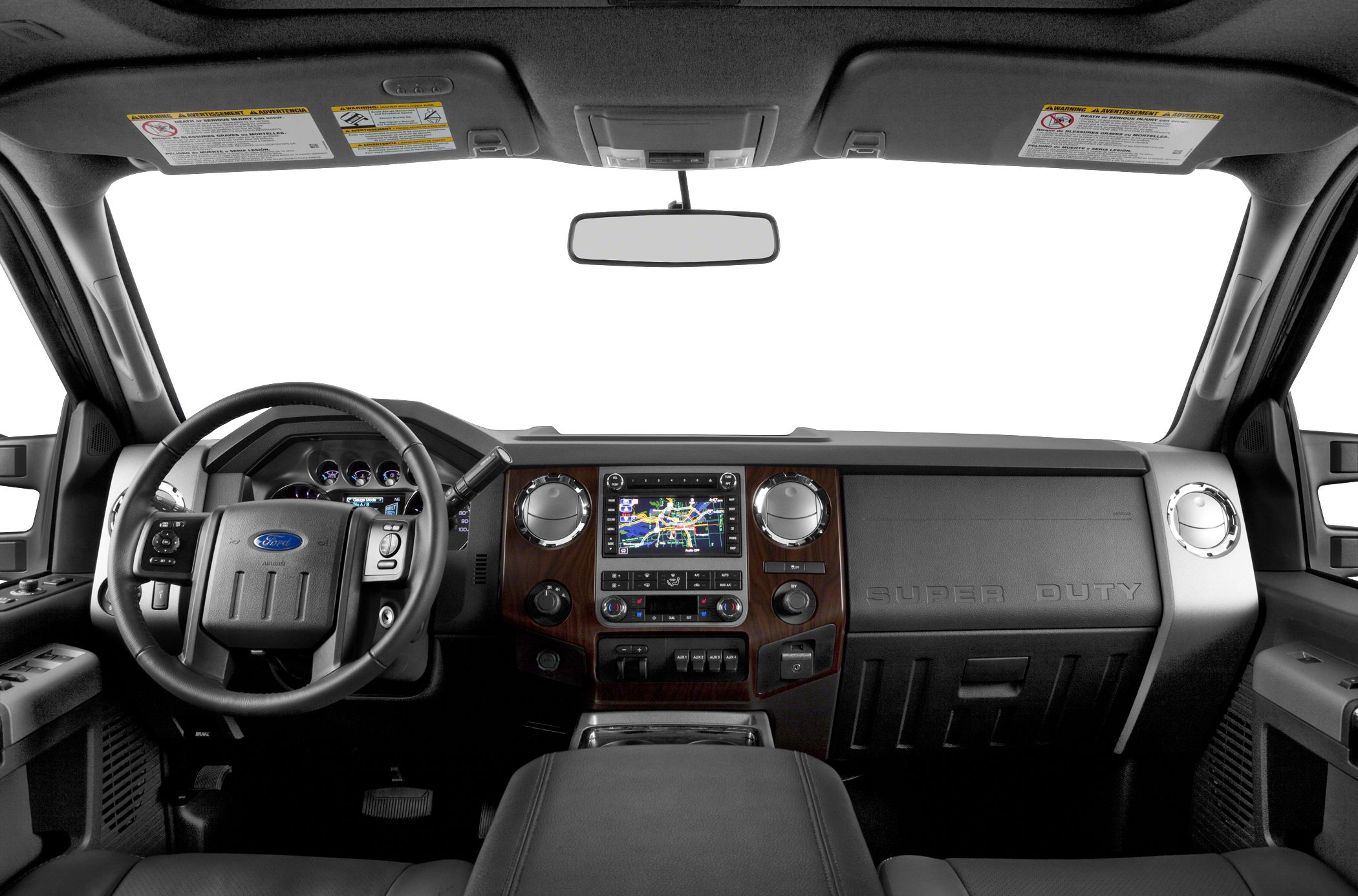 Dashboard and steering wheel with navigation in truck interior