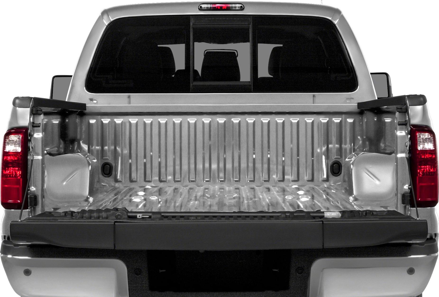 Open short box bed and tailgate rear view of pickup