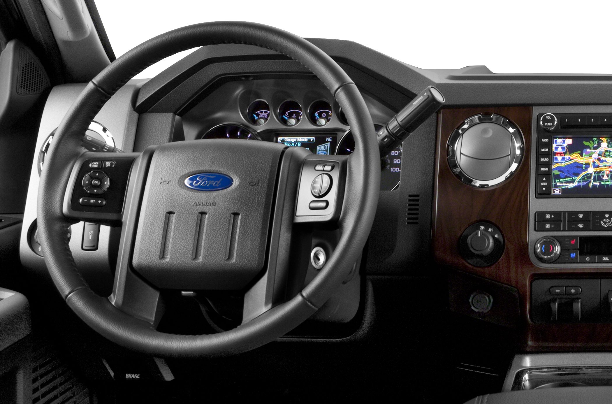 Steering wheel, dashboard, and infotainment system with navigation display