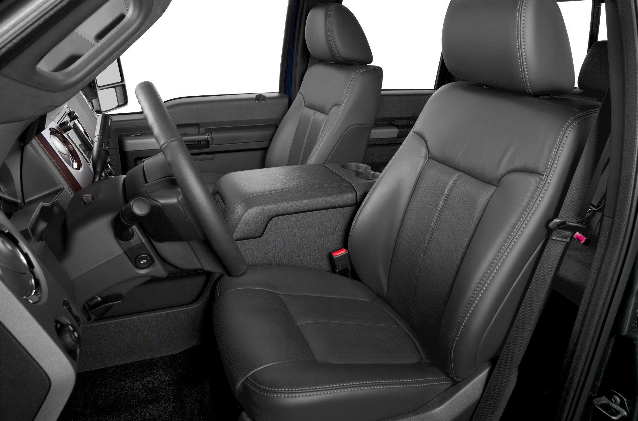 Luxurious black leather front seats with armrest and steering wheel.