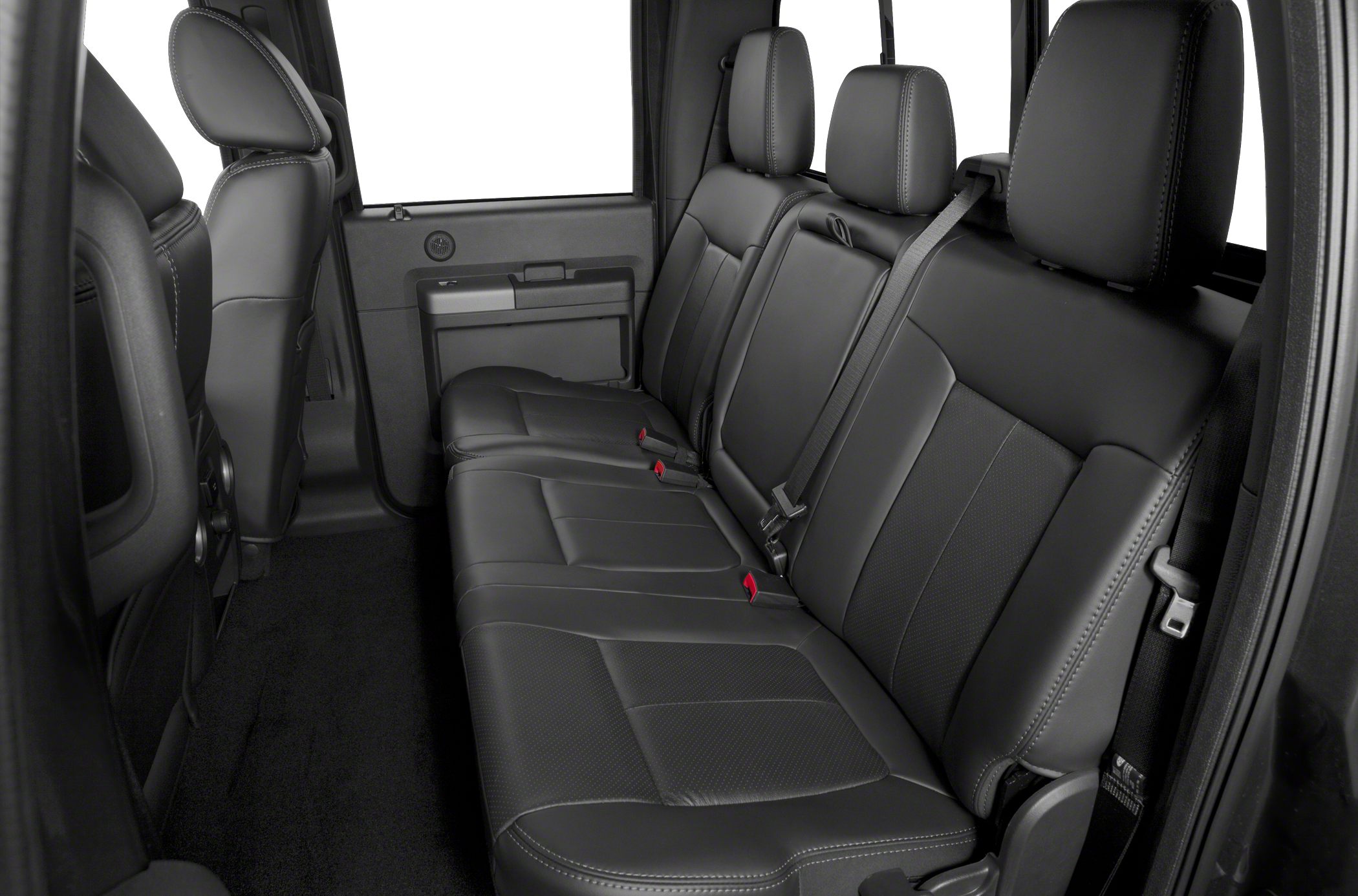 Black leather rear seating with three headrests and seatbelts