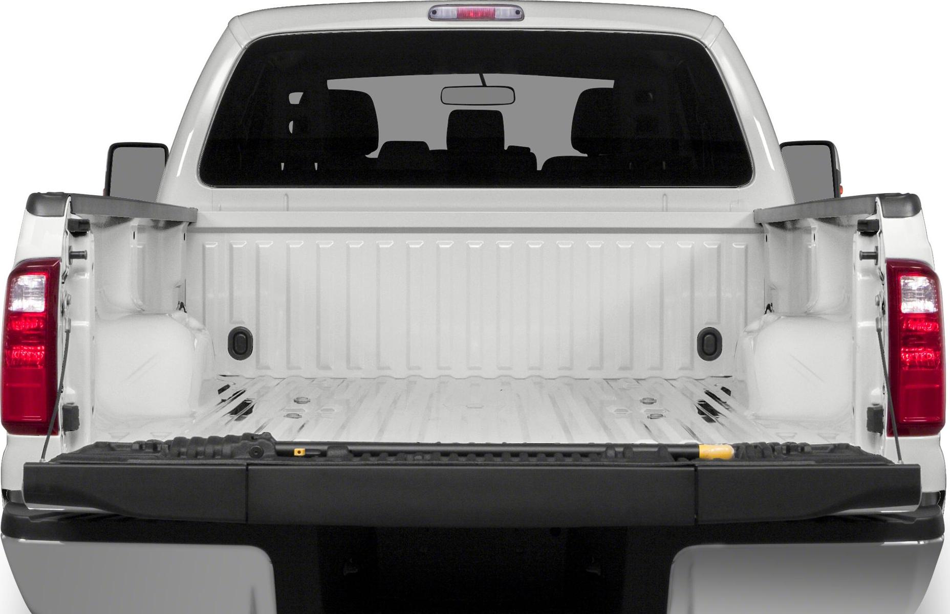 Open truck bed with extended cargo space and rear tailgate