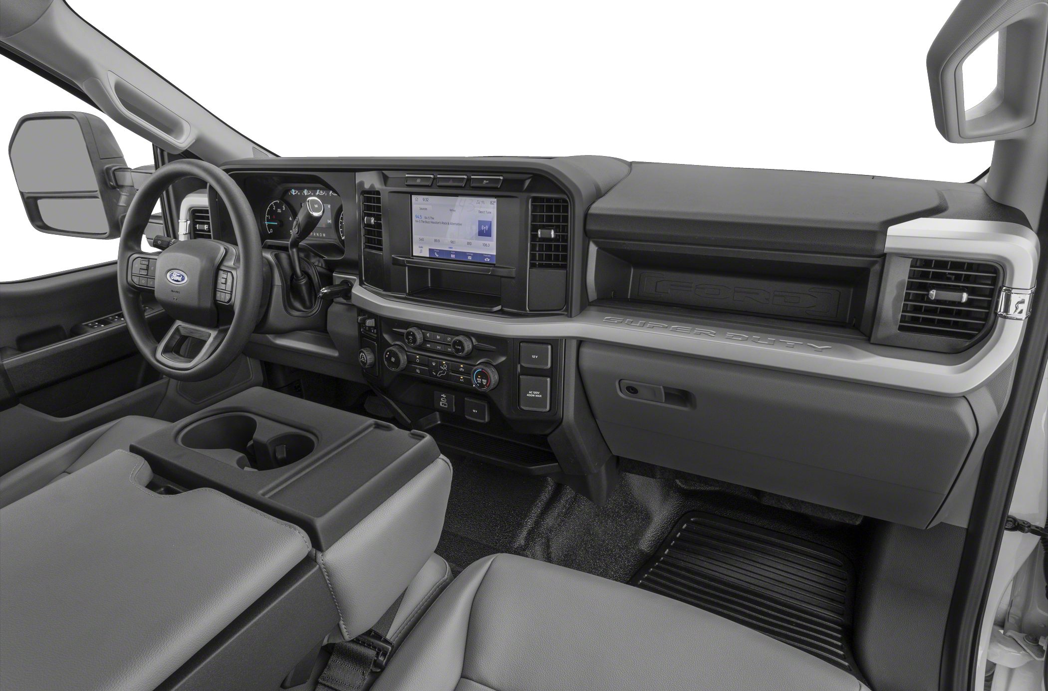 Modern truck interior with touchscreen, ergonomic dashboard, and steering wheel controls