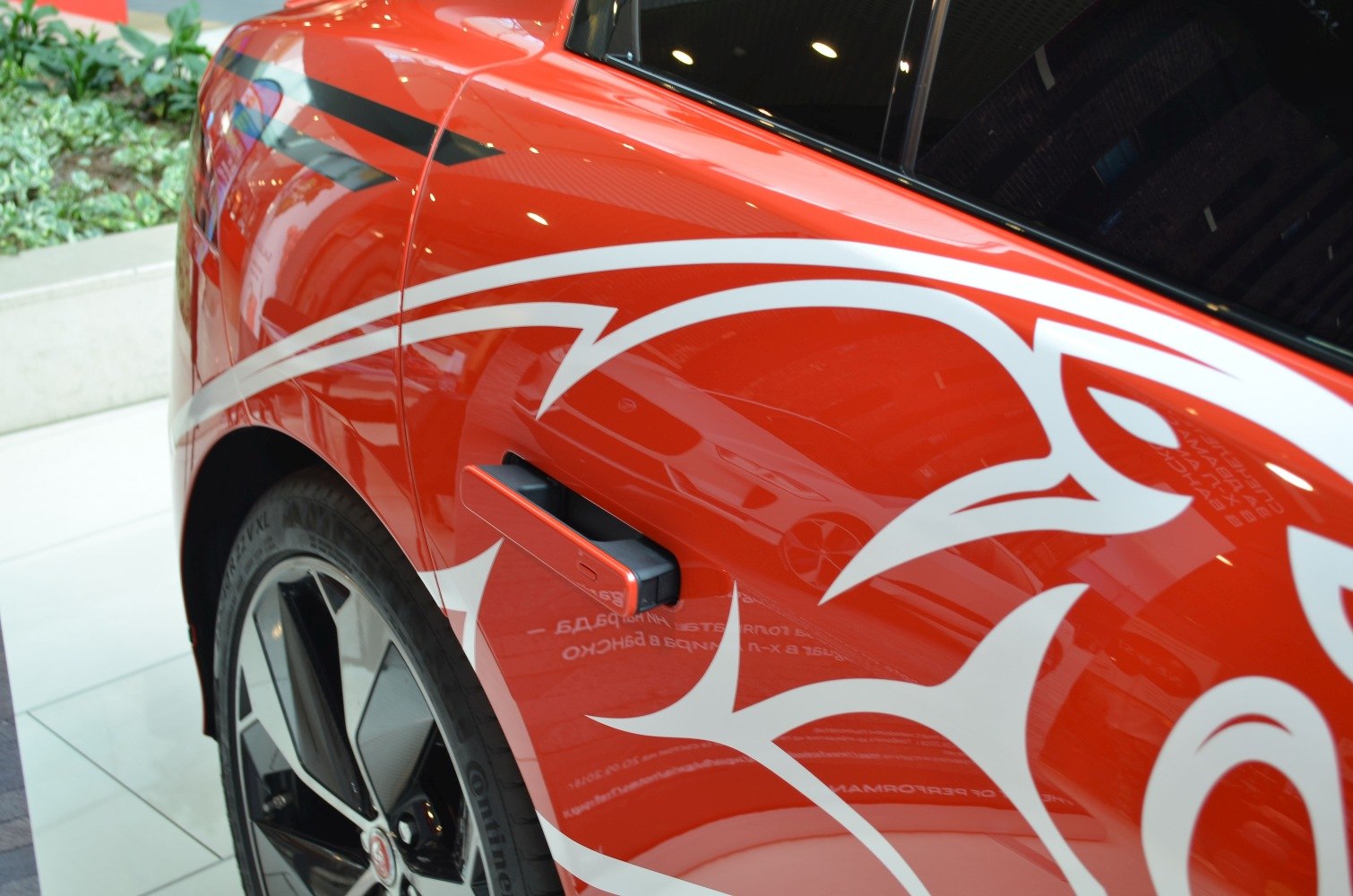 Close-up of door handle, rear wheel, and graphic design on vehicle side panel