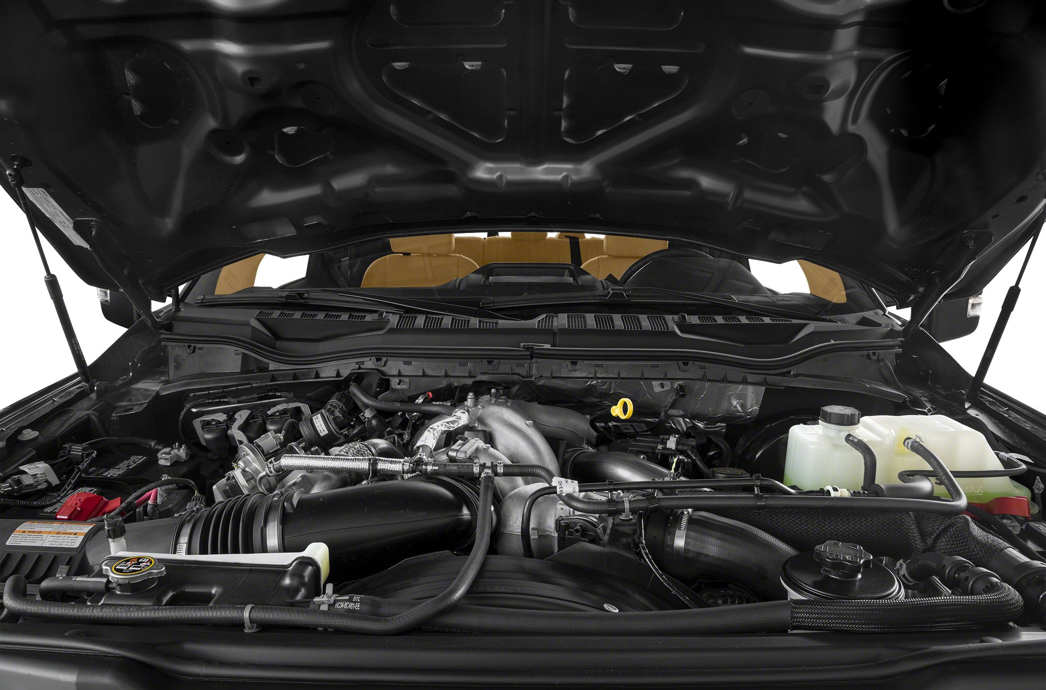 Engine bay with detailed engine components and layout