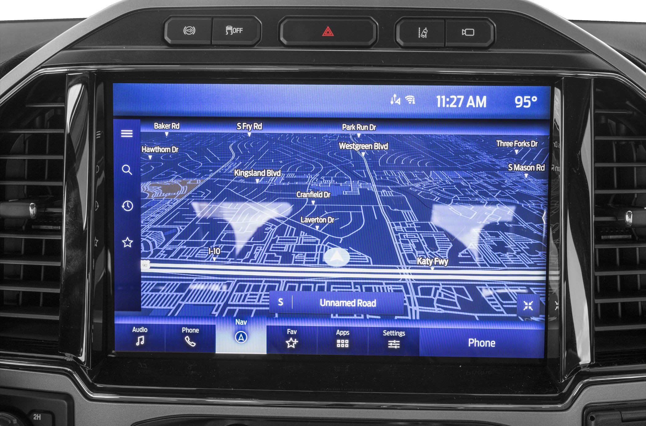 Digital navigation touchscreen display with detailed map and interface icons