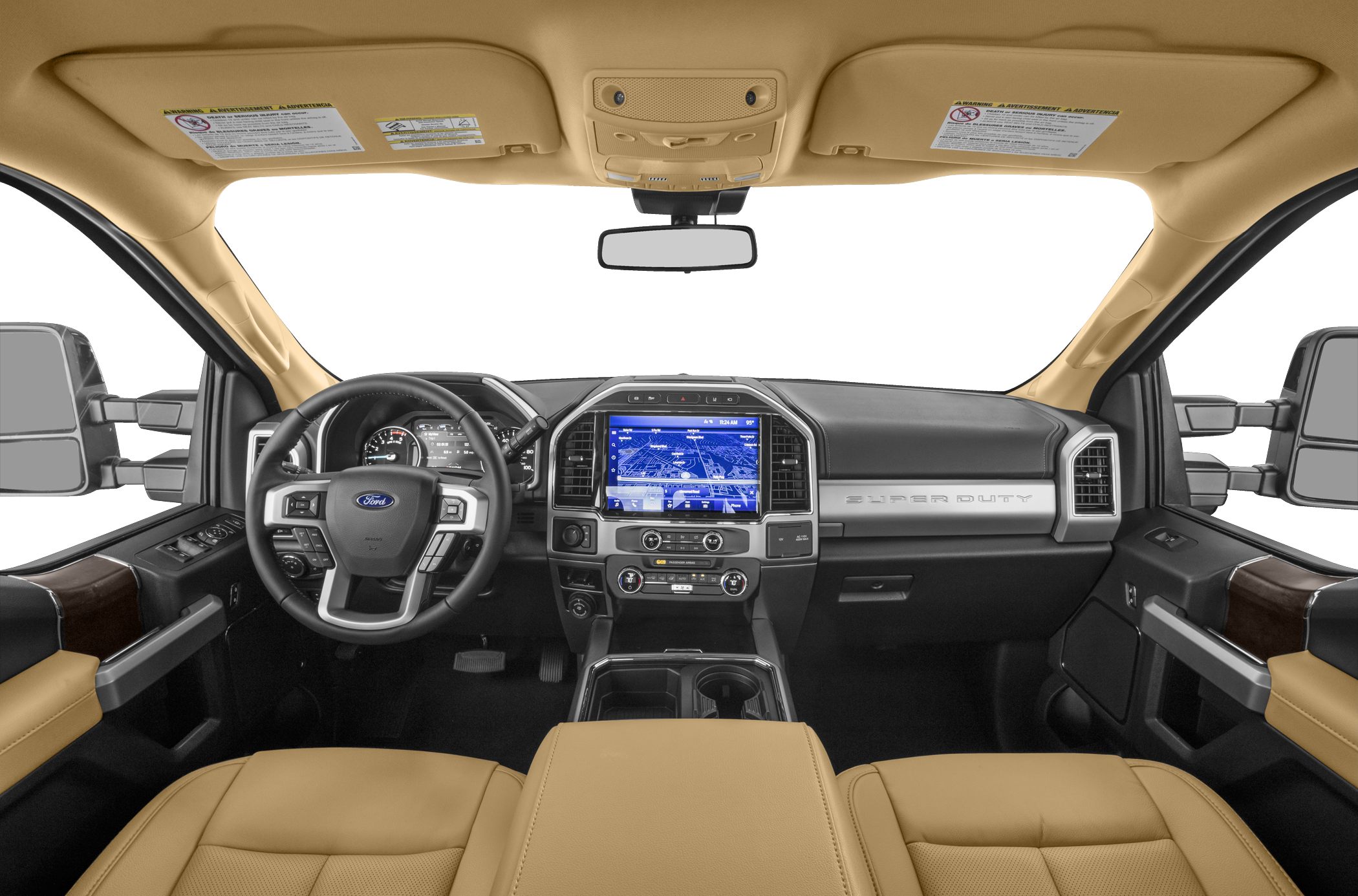 Interior dashboard with touchscreen and beige seats.