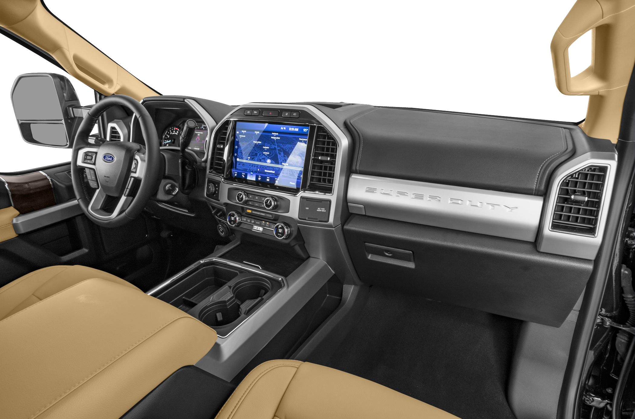 Modern truck interior with touchscreen and dual climate control