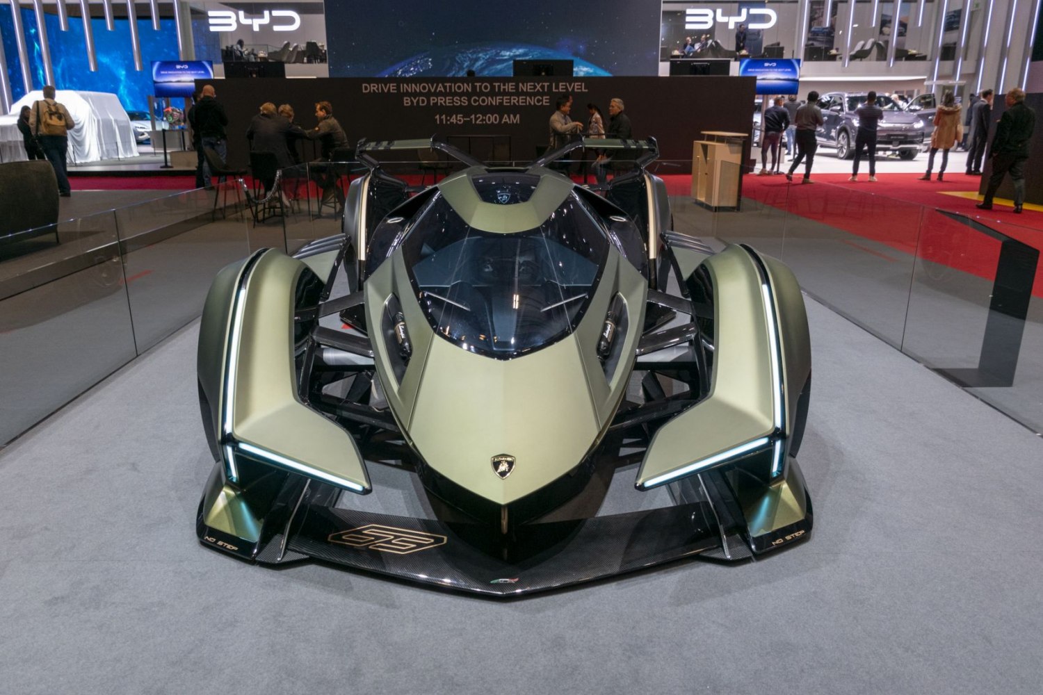 Aerodynamic futuristic front design with wide air intakes and sleek cockpit windshield