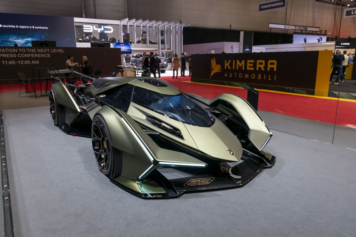 Futuristic aerodynamic racing prototype with sharp angular design and aggressive front.
