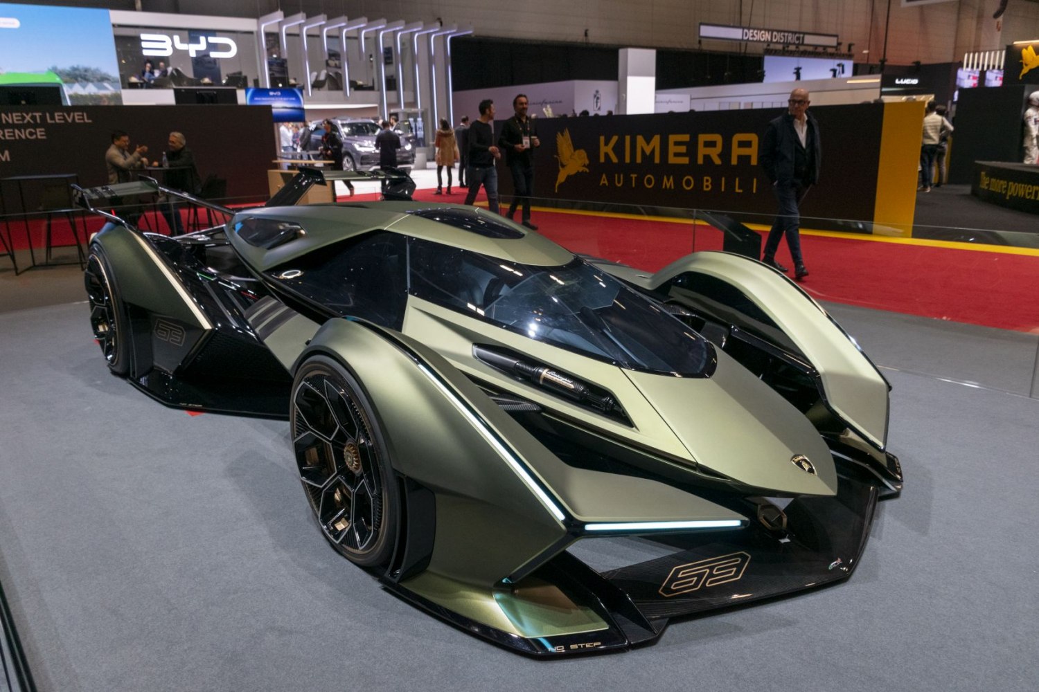 Futuristic aerodynamic supercar with wide fenders and large rear wing