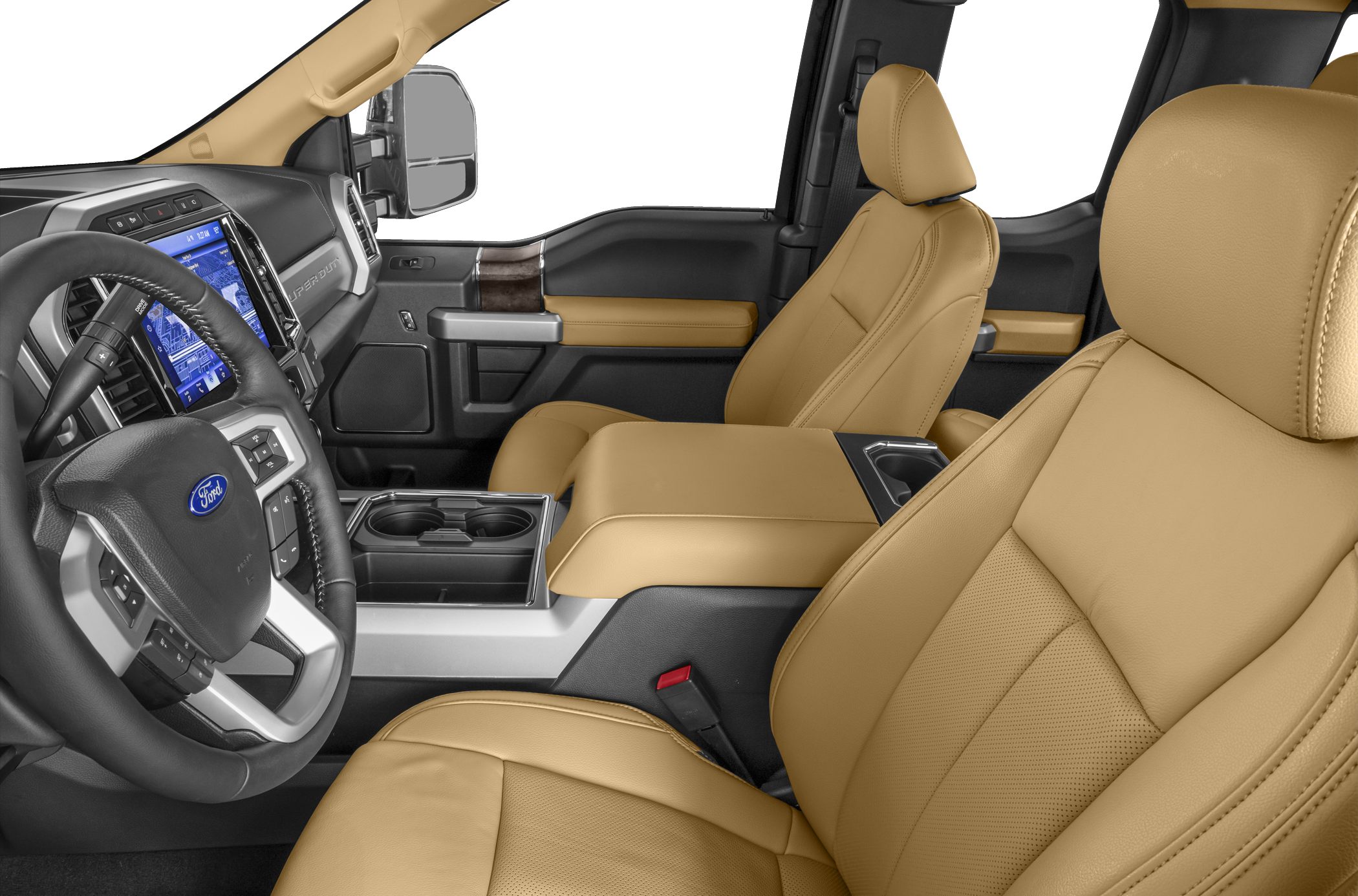 Interior with tan leather seats and advanced dashboard