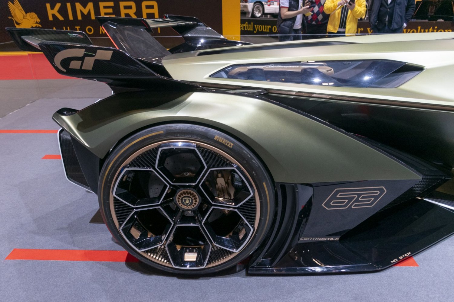 Close-up of hexagonal rear wheel and aerodynamic rear section