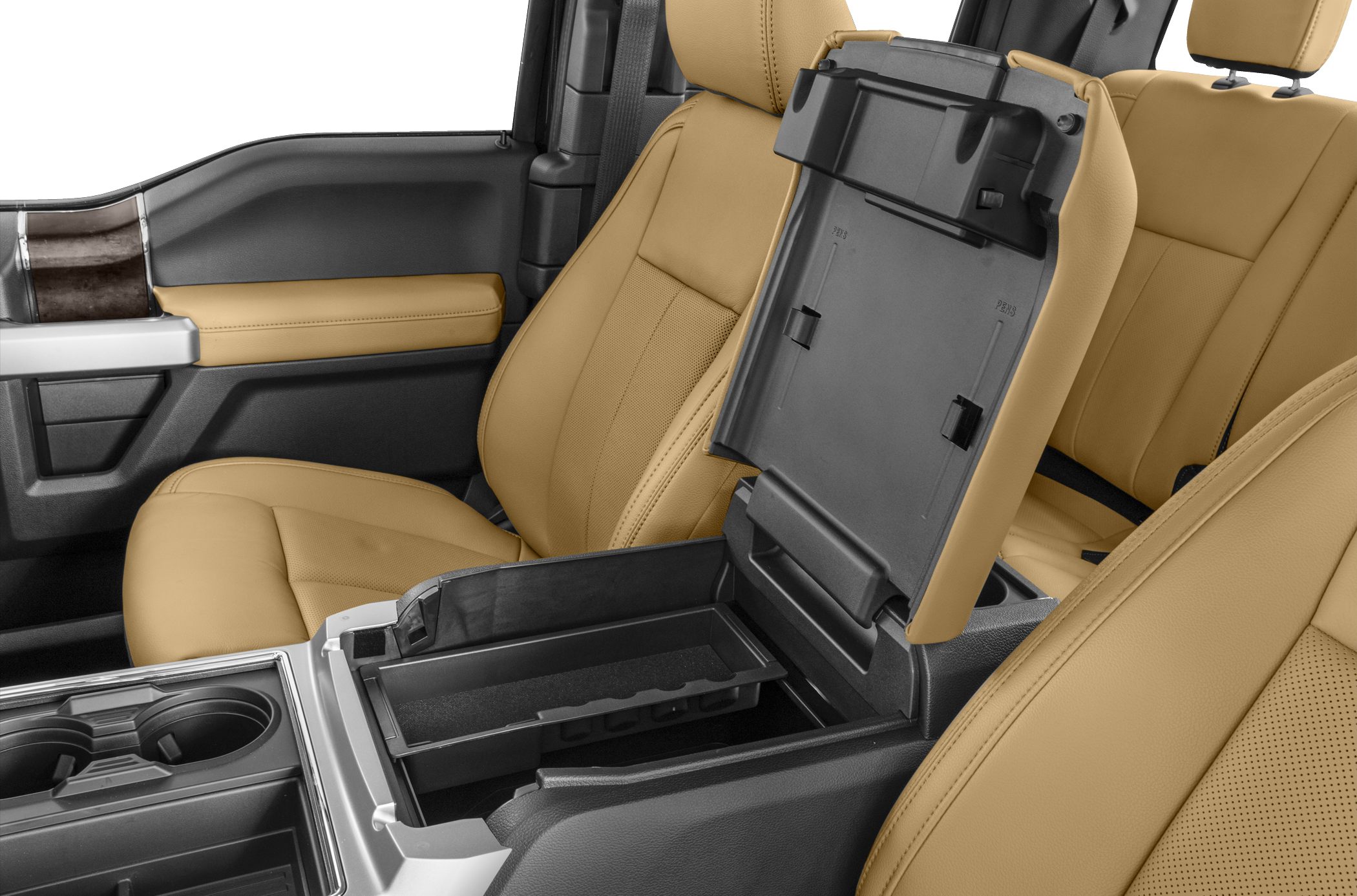 Open center console storage with cup holders and tan leather seats