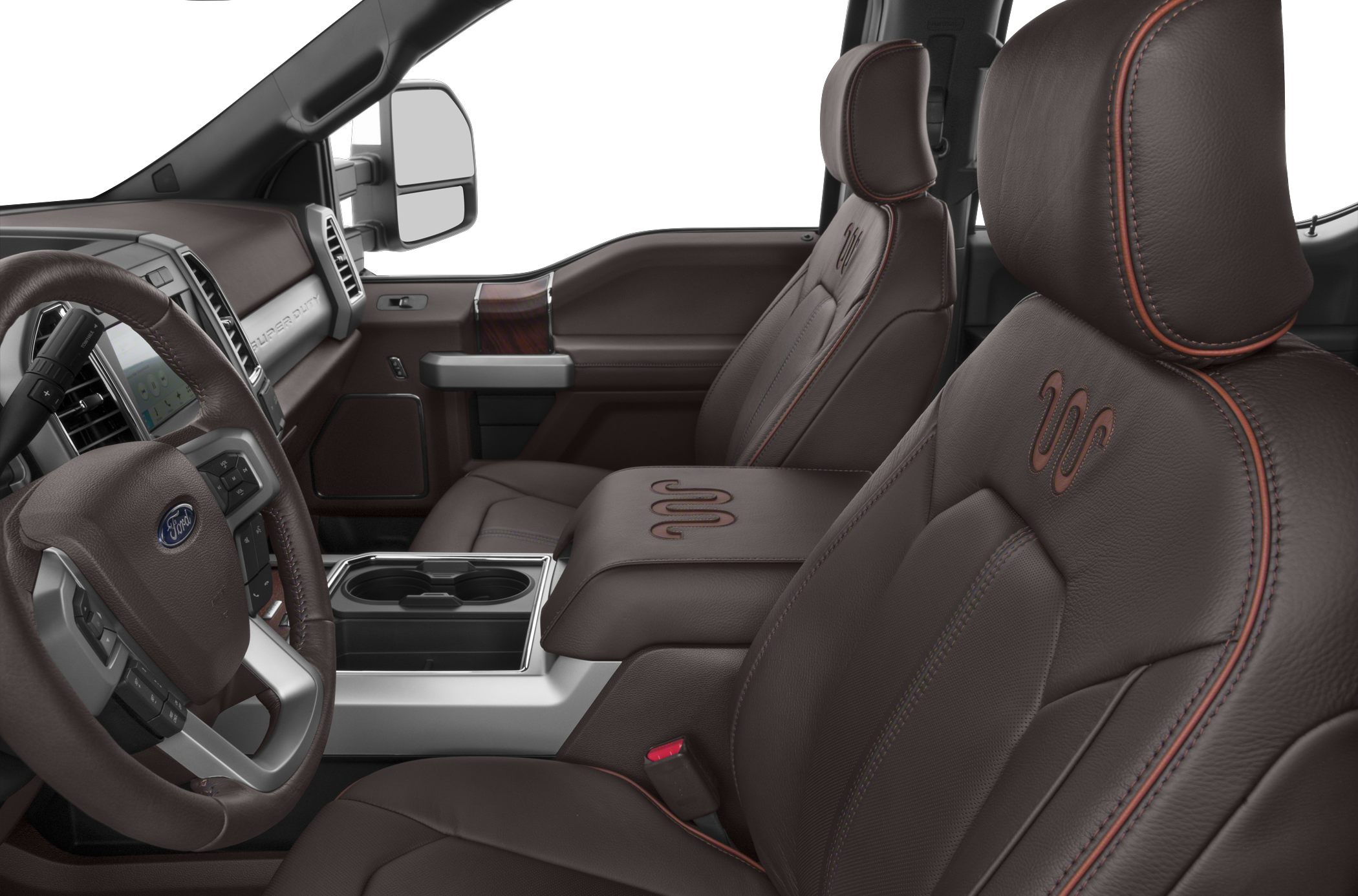Close-up of brown leather embroidered seats and dashboard interior