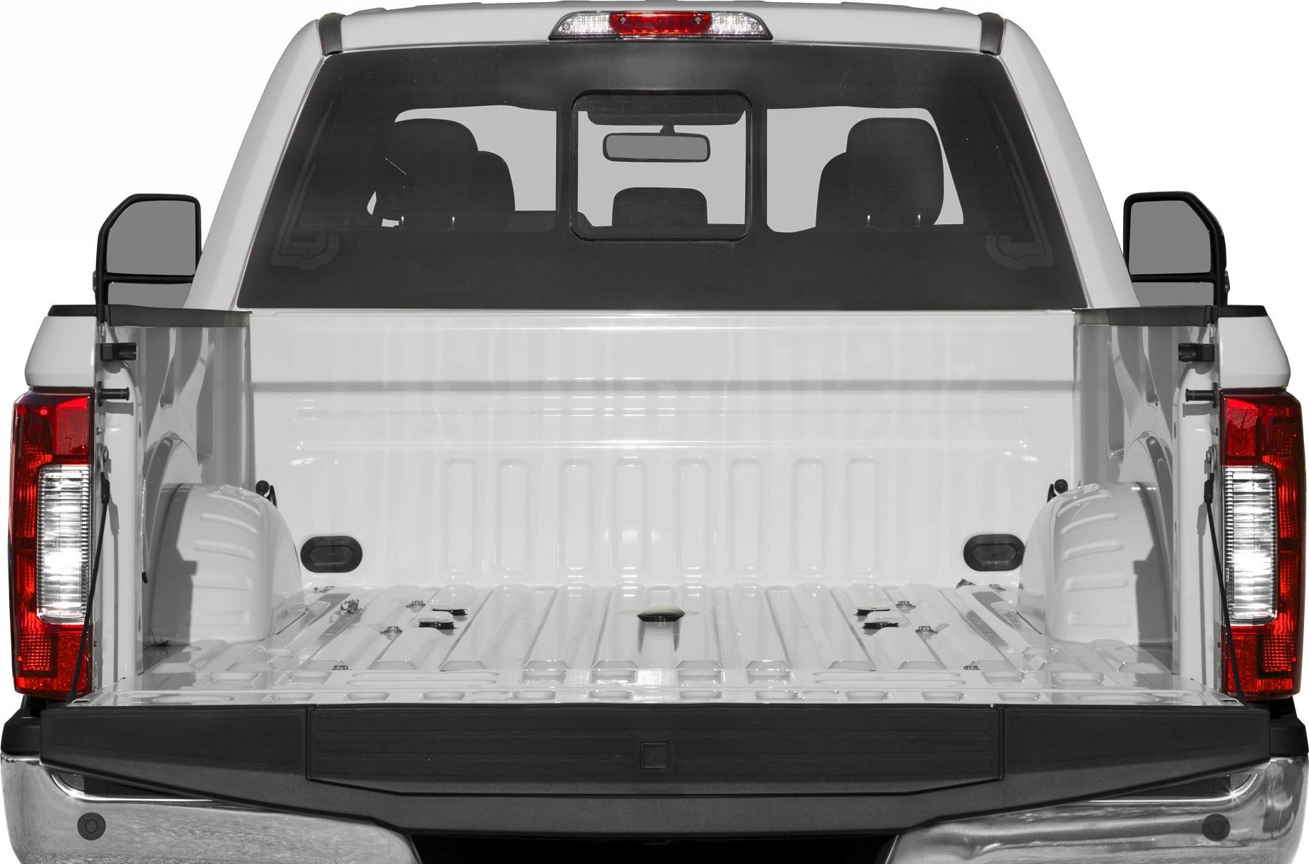 Open heavy-duty pickup truck bed with tailgate down and short box design