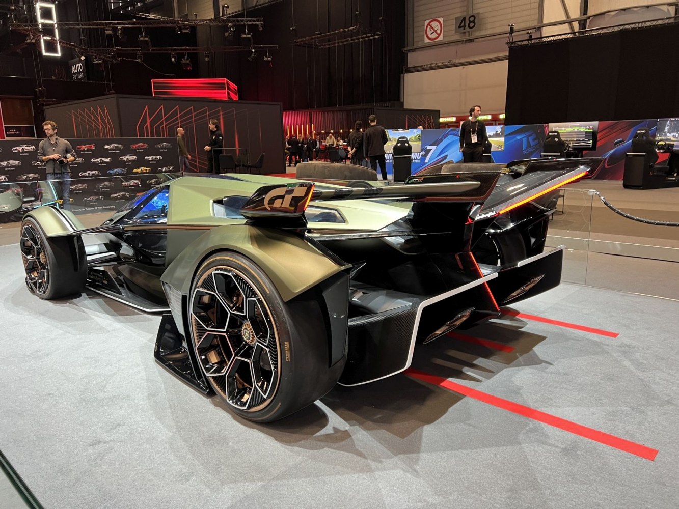 Futuristic rear wing and aerodynamic rear design with unique hexagonal wheels