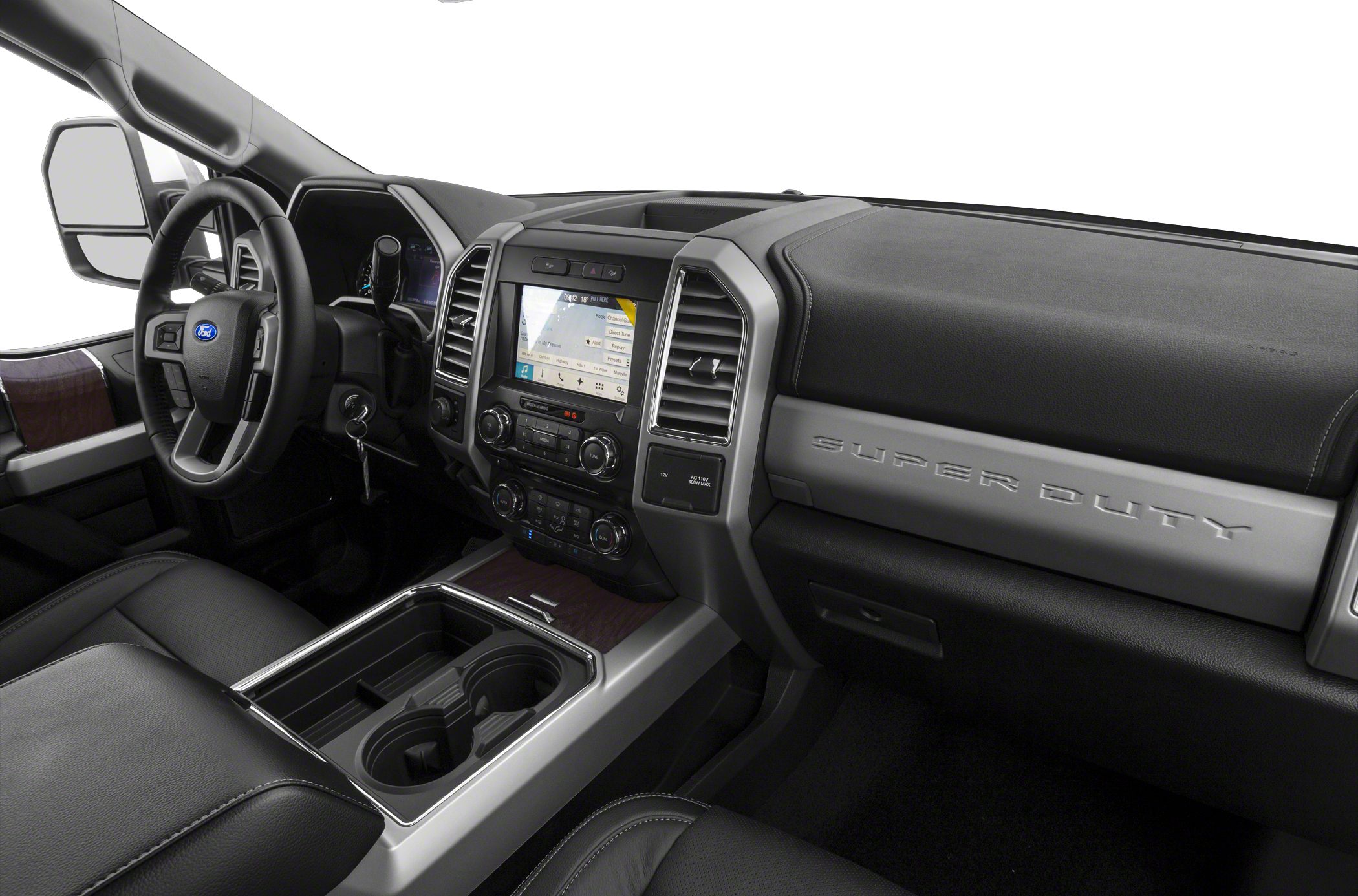 Dashboard and center console featuring touchscreen, controls, and cup holders