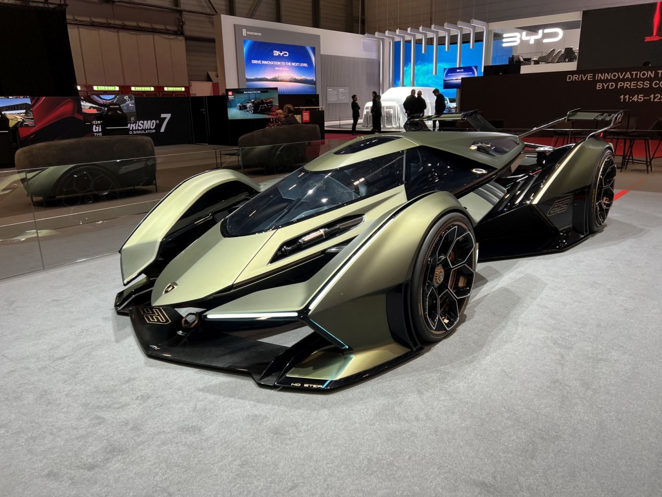 Futuristic aerodynamic concept race car with sleek low-profile design.