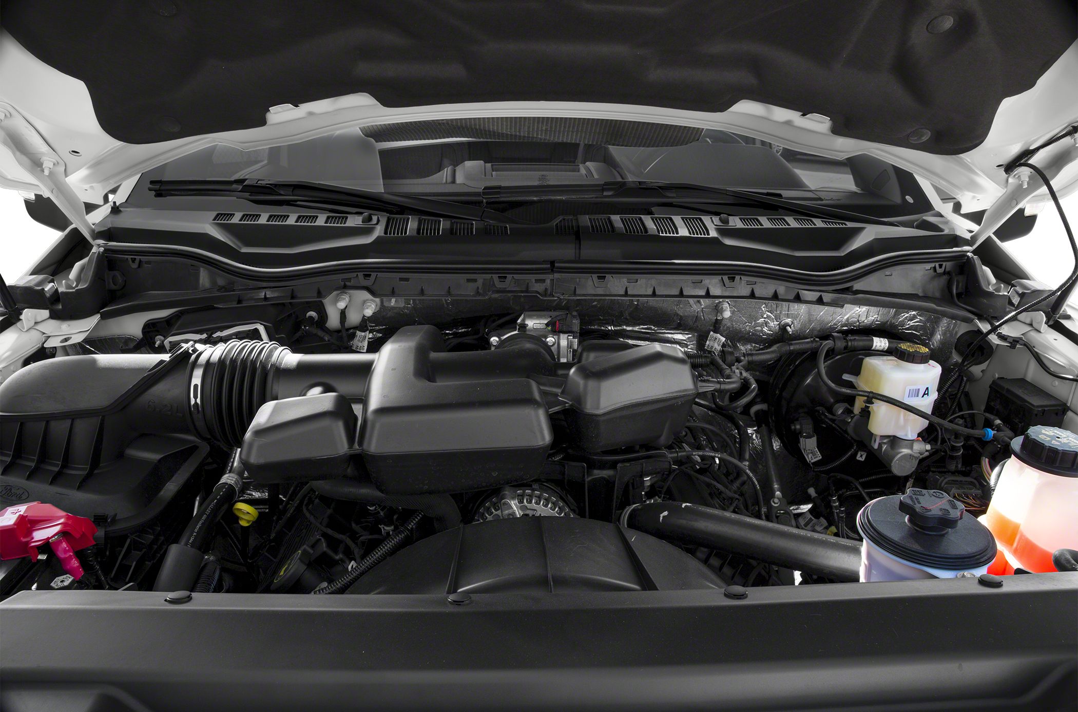 Engine compartment with air intake and fluid reservoirs.