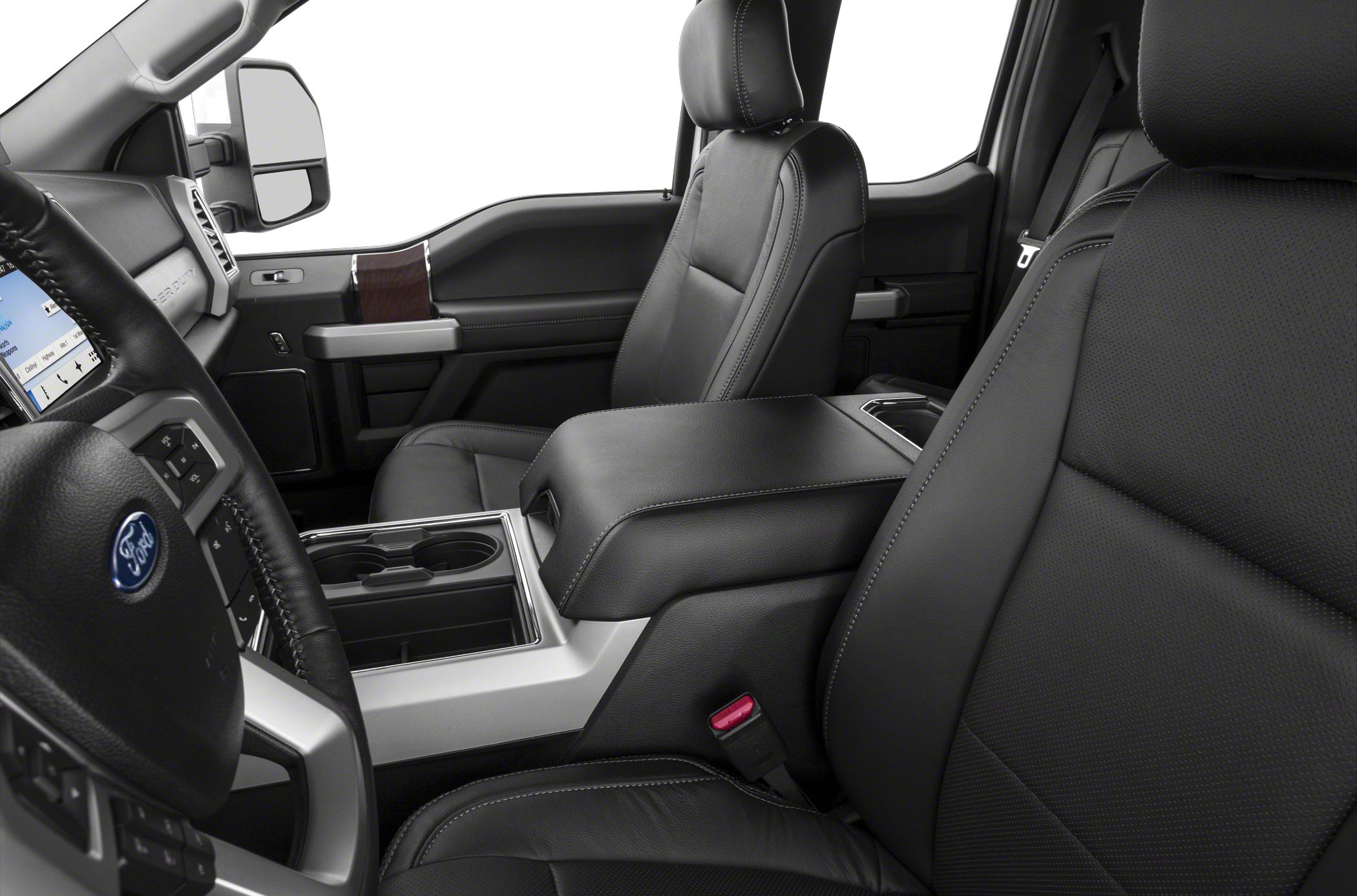 Premium leather seats and advanced dashboard with integrated cup holders and controls.