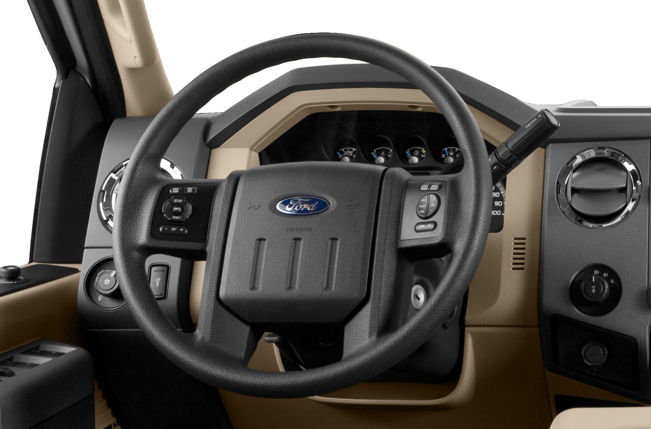 Steering wheel and dashboard with instrument cluster and control buttons
