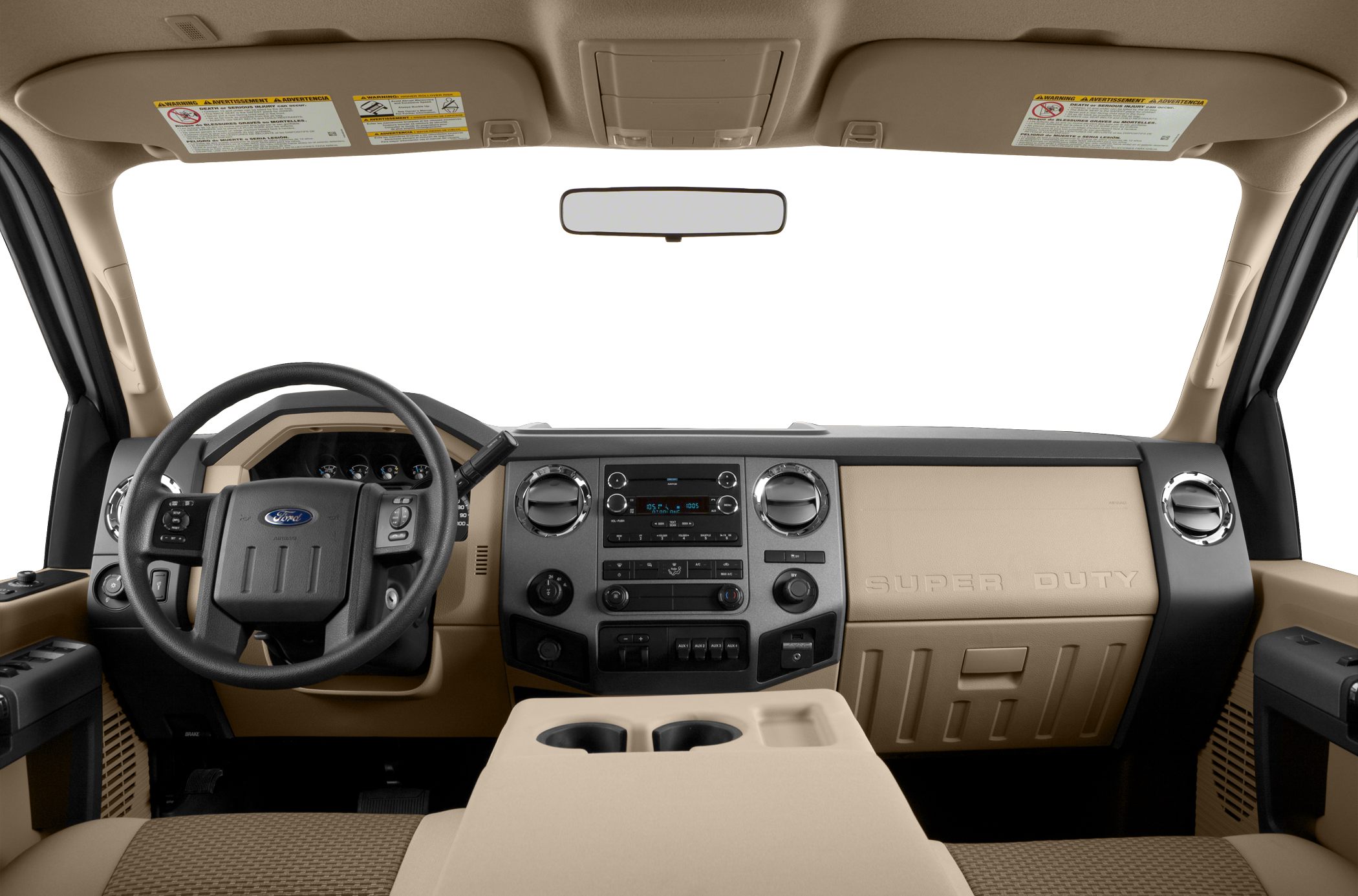 Beige dashboard and steering wheel with control panel and vents