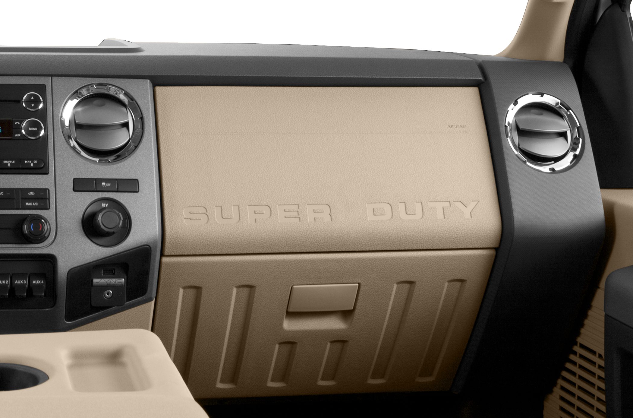 Beige dashboard with embossed 'SUPER DUTY' text and circular air vents
