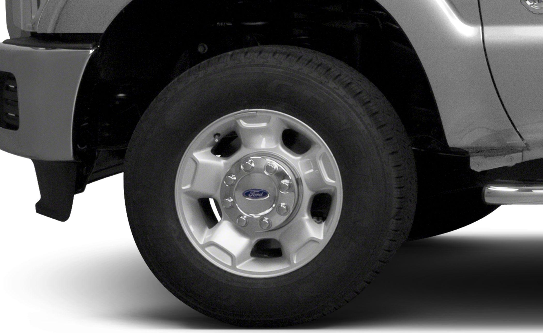 Close-up of alloy wheel and heavy-duty tire with logo hub cap