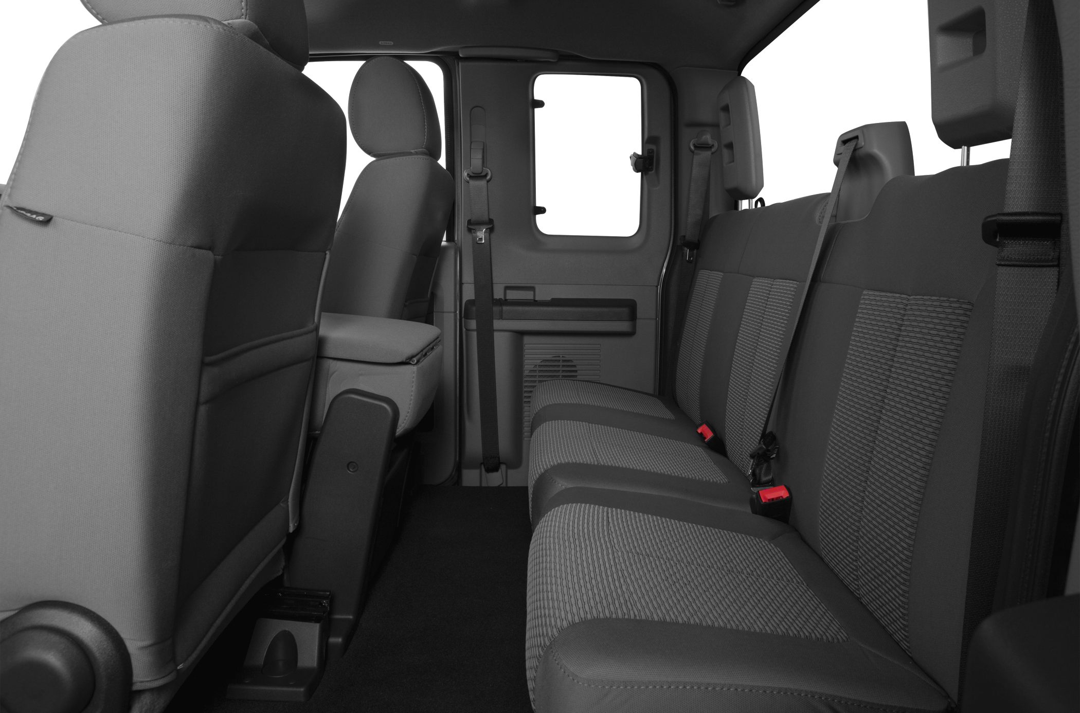 Rear interior seating with fabric seats and seat belts