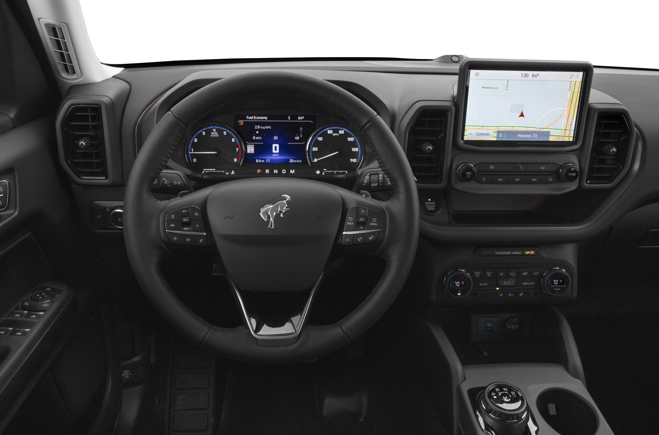 Steering wheel with controls, digital gauges, infotainment display