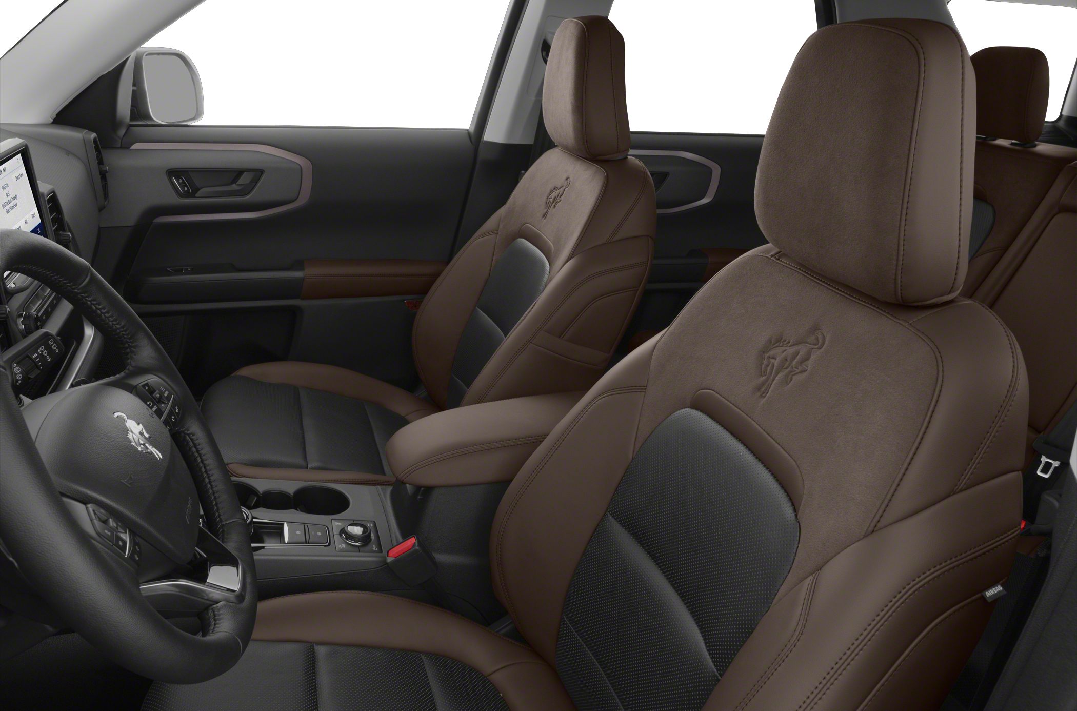 Brown and black interior seats with embossed Bronco logos, modern center console