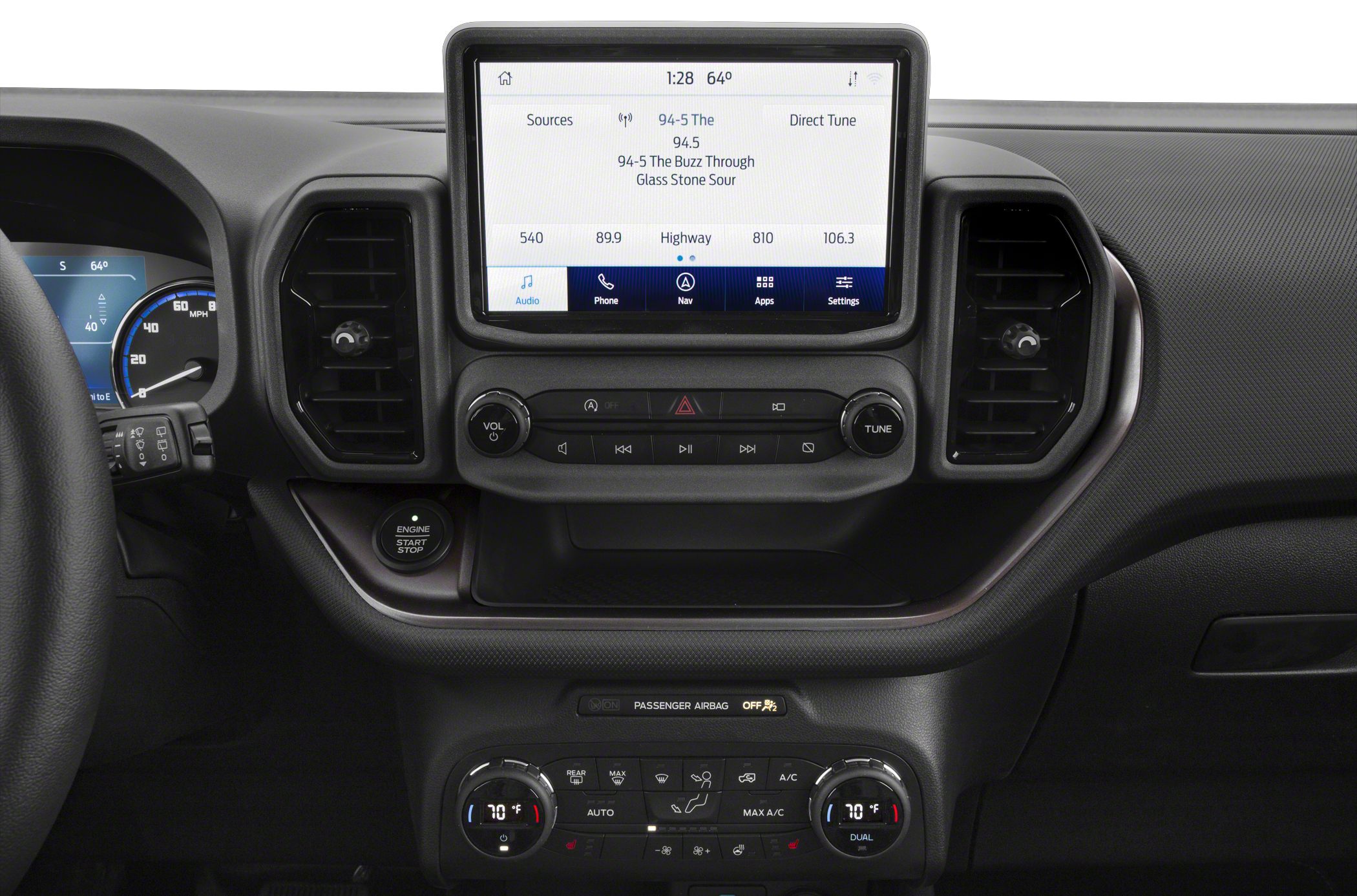 Touchscreen infotainment and dual-zone climate control with engine start button