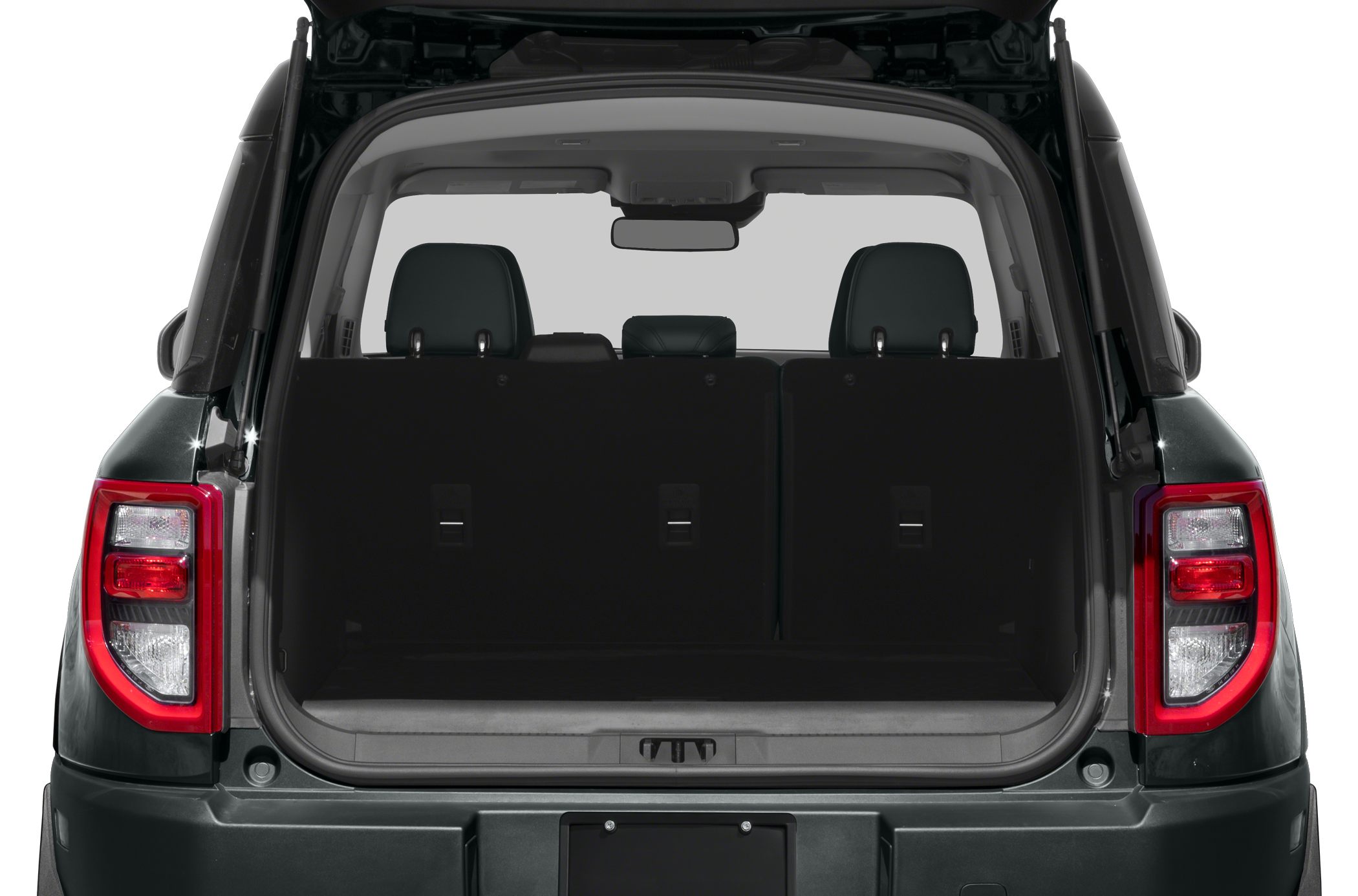 Open rear cargo area with tailgate and rear seats visible