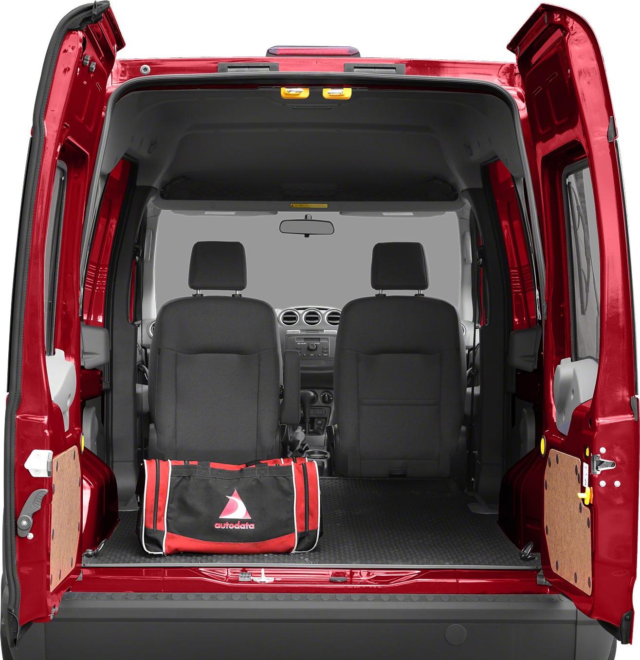 Open rear cargo area with two front seats and rear doors wide open.