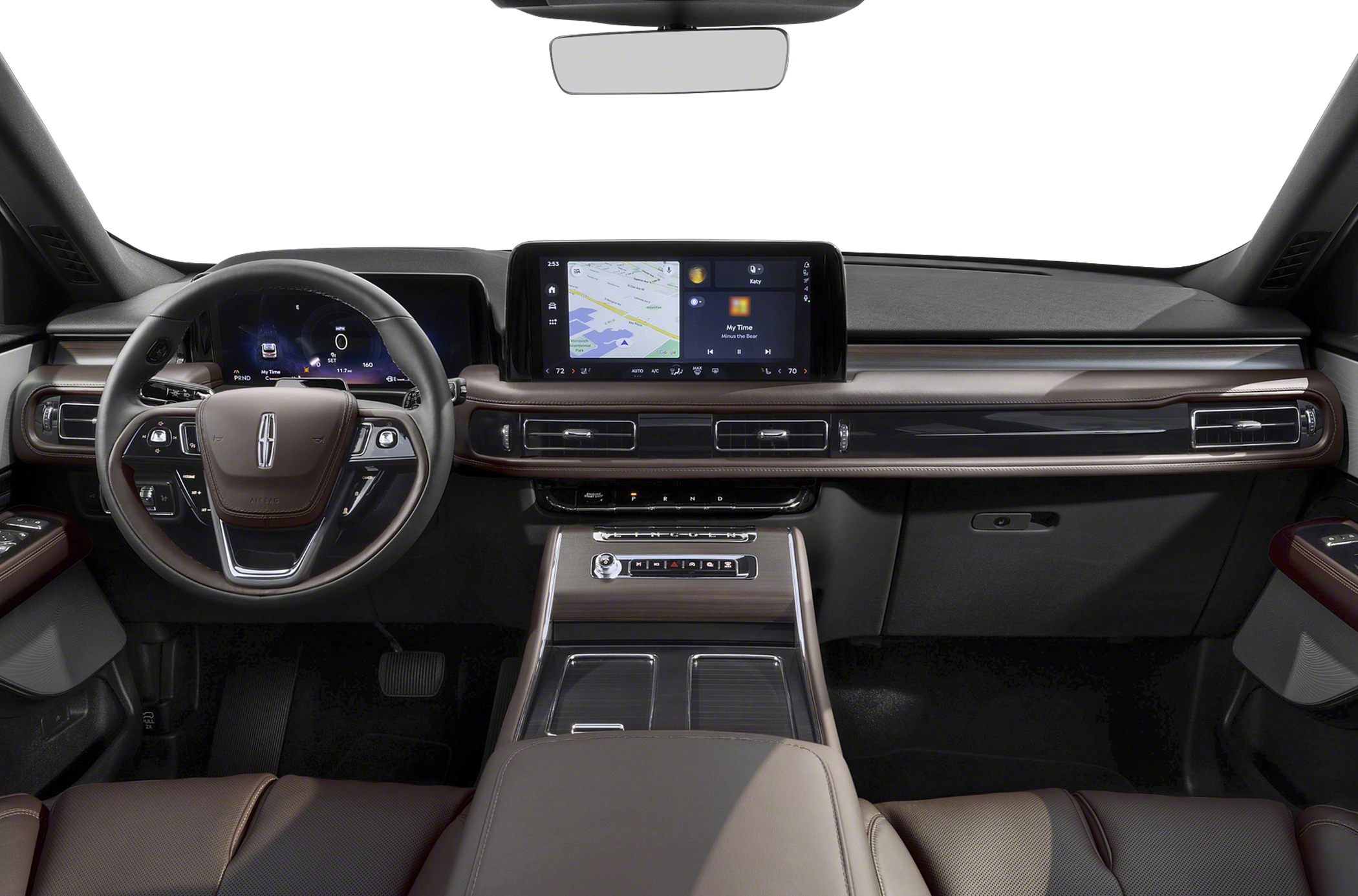 Luxury SUV interior with digital dashboard, touchscreen, and multifunction steering wheel