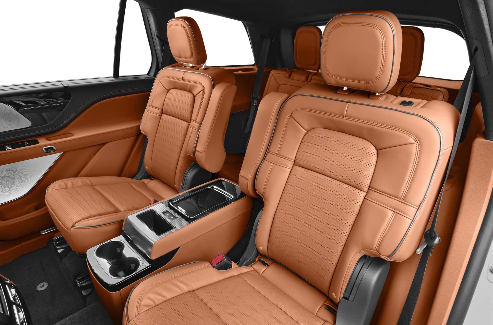 Tan leather rear seats with center console and cup holders