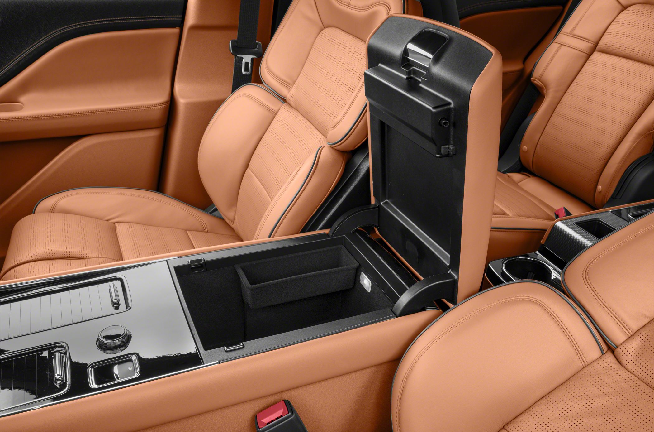 Tan leather seats and spacious center console storage
