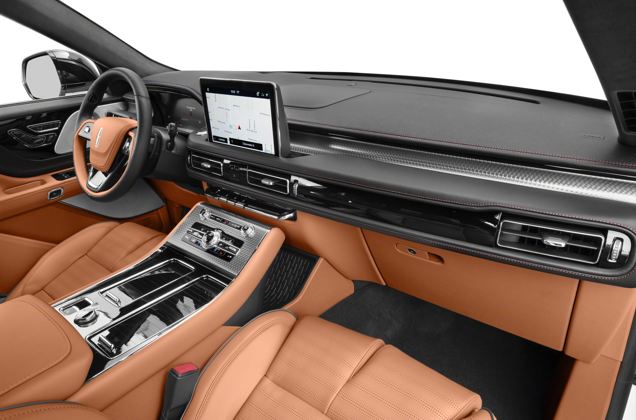 Luxurious SUV interior with infotainment screen and tan leather seats