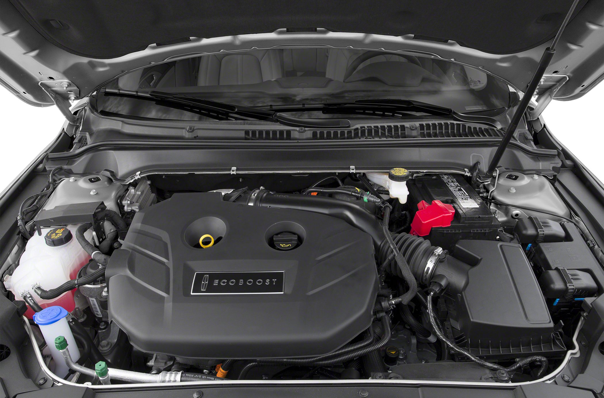EcoBoost engine with battery and fluid reservoirs under raised hood
