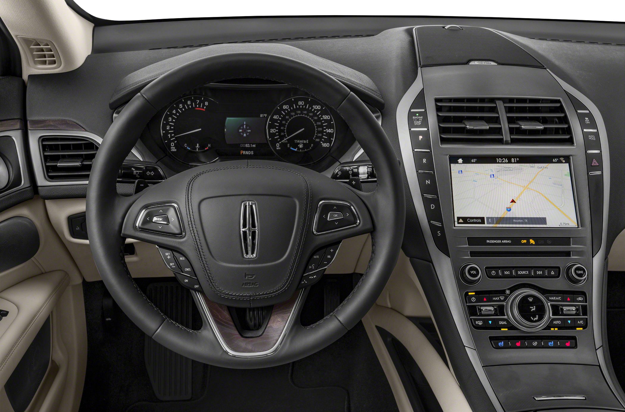 Steering wheel with controls, instrument cluster, and center touchscreen display