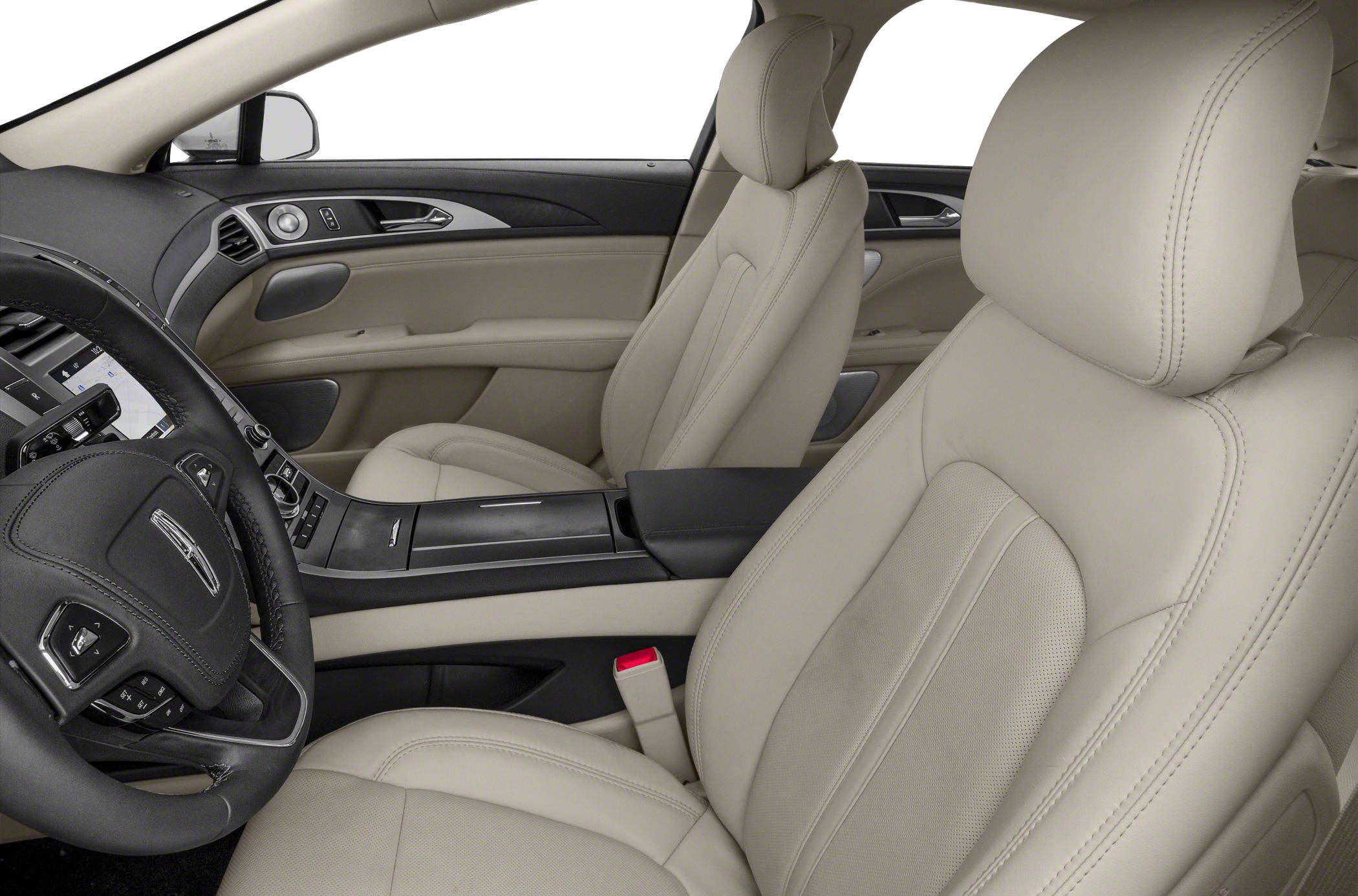 Beige leather seats and dashboard with steering wheel controls and center console.