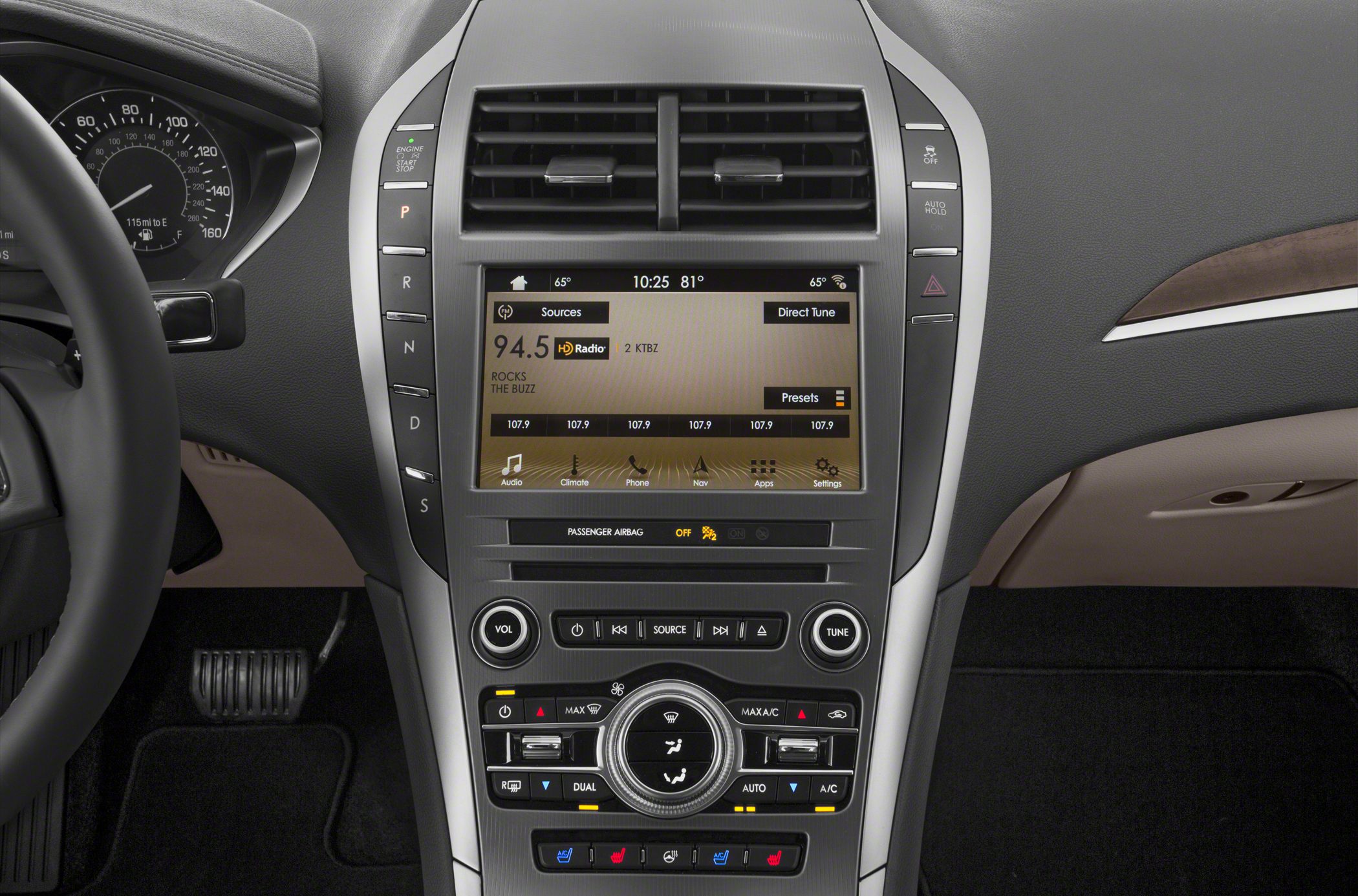Center console with touchscreen infotainment and climate control buttons