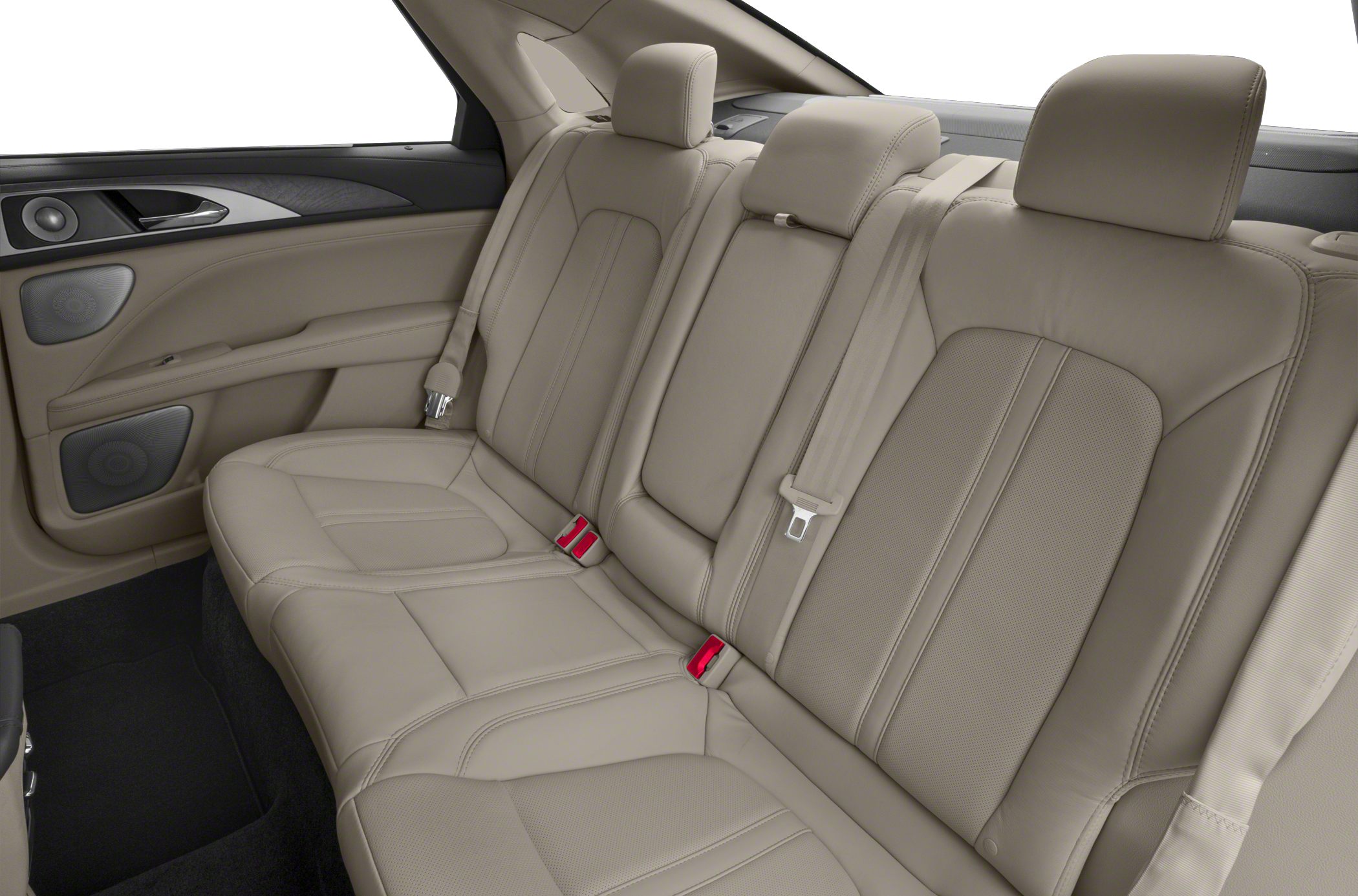 Beige leather rear seats with headrests and integrated speakers