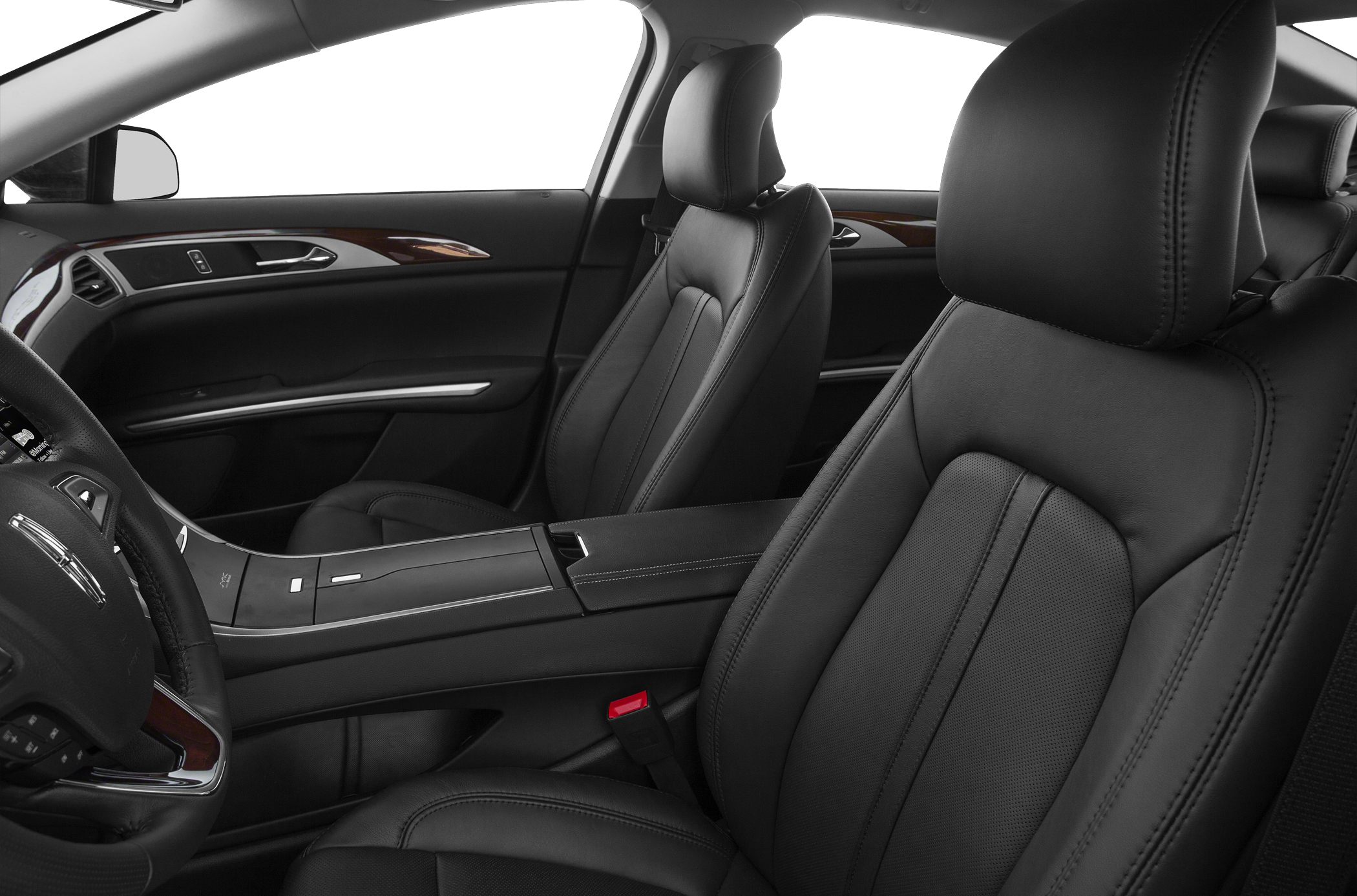 Luxury black leather front seats with polished wood trim and modern dashboard design