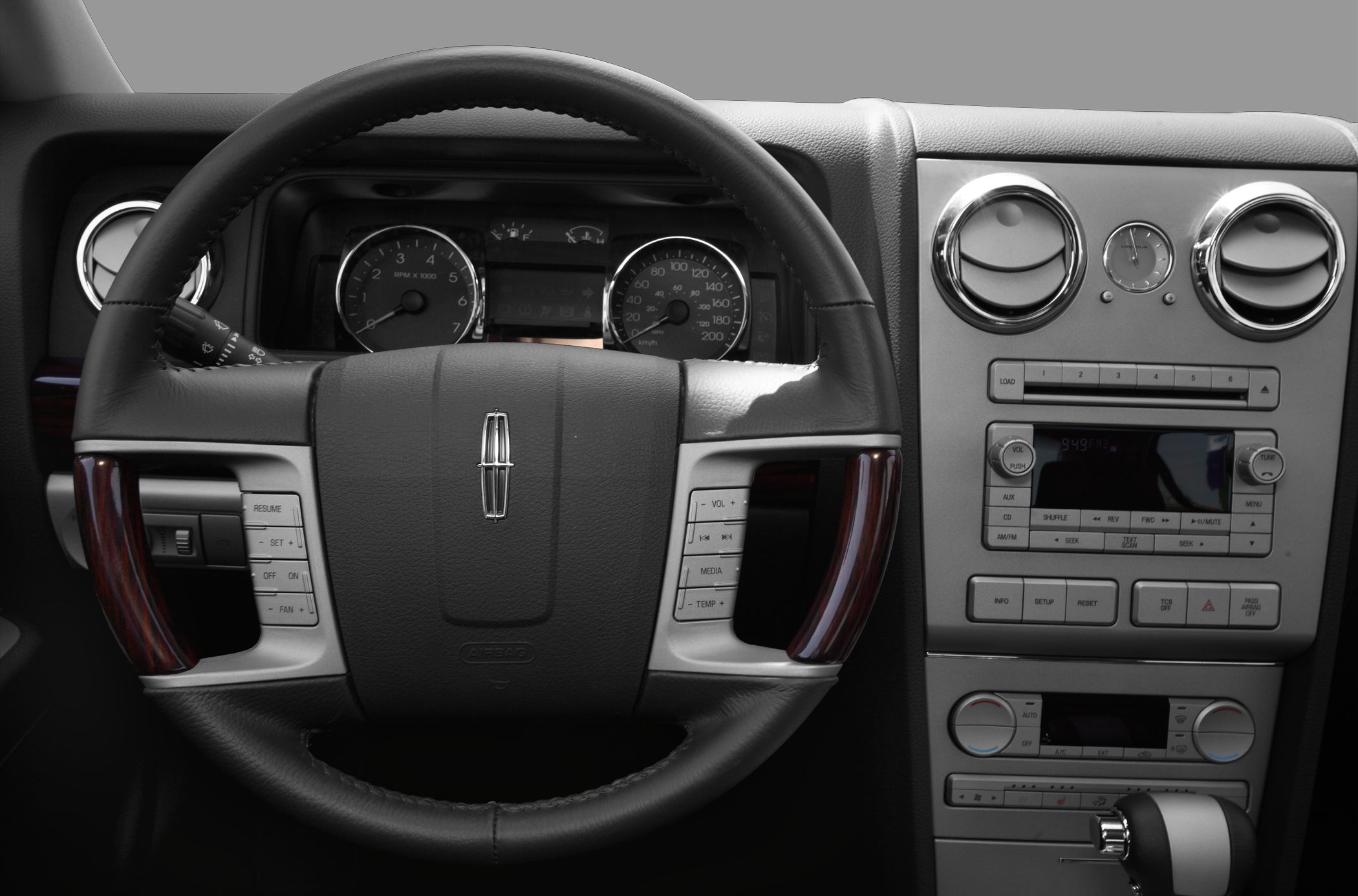 Steering wheel and dashboard with instrument cluster and center console
