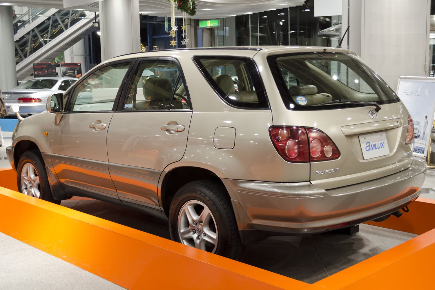 Rear and side view of mid-size SUV in showroom