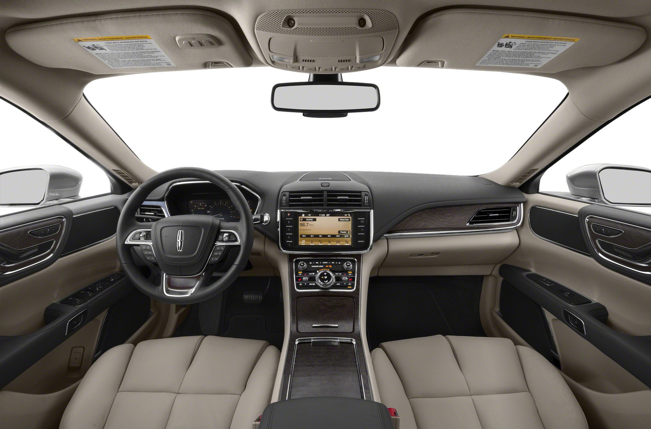 Luxury car interior with dashboard, steering wheel, and infotainment system