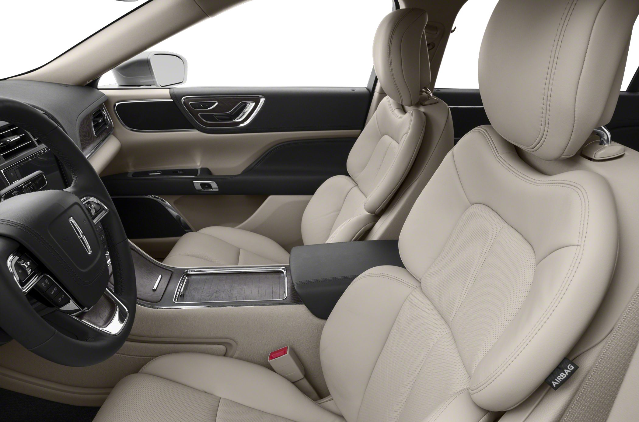 Beige leather front seats and dashboard with wood inlay
